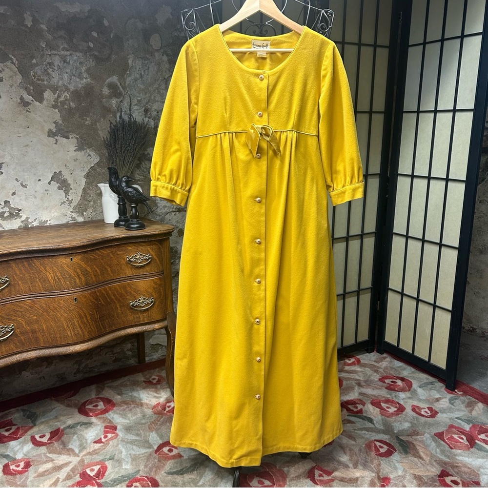 70s Lounge Craft Original Golden Yellow Satin Bow Rhinestone Button House Coat